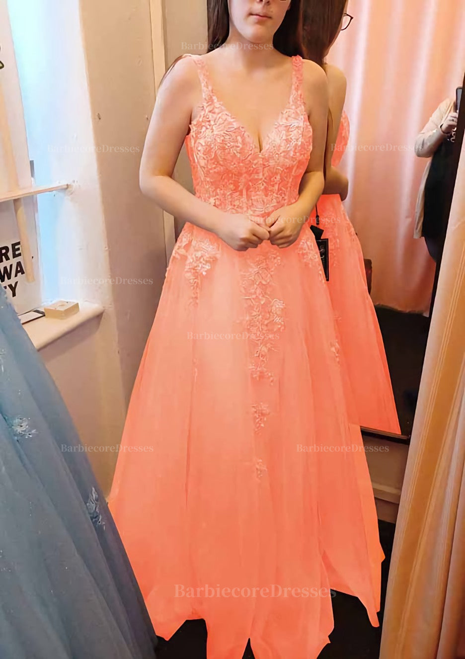 A-line V Neck Sleeveless Long/Floor-Length Tulle Satin Prom Dress With Lace  Appliqued