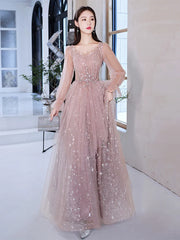 Pink Prom Gowns Long Sleeves For Graudation Party Shiny Star Glitter A-Line Floor-Length Tulle Women Formal Evening Dresses