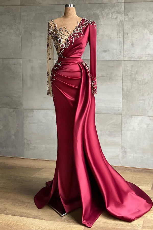 Burgundy Long Sleeves Mermaid Prom Dress With Beadings