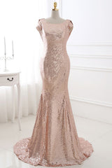 COURTNEY Fit and Flare Sweep train Sequined Rosy Golden Prom Party Gowns