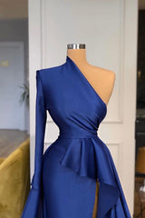 Dark Royal Blue One shoulder Ruffles Side-cut Overskirt Prom Dress