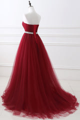 Gorgeous Burgundy Sweetheart Long Prom Dress Tulle Crystal Evening Gown