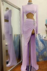 Long Sleeves Small Round Collar Prom Dress Purple Beaded Long Chiffon