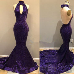 Sequins Halter Grape Prom Party Gowns| Backless Long Evening Gowns