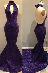 Sequins Halter Grape Prom Party Gowns| Backless Long Evening Gowns