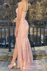 Pink Strapless Lace Long Prom Dress with Slit