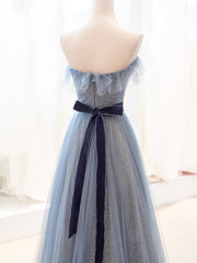 Blue Tulle Long Prom Dress, A-Line Strapless Evening Party Dress