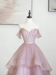 Pink Tulle Sequins Long Prom Dress, Off Shoulder Evening Dress