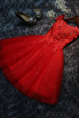 Cute Lace Short A-Line Prom Dresses, Off the Shoulder Party Dresses