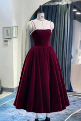 Burgundy Velvet Short Prom Dress, A-Line Party Dress with Pearls