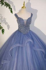 Blue Beaded Tulle Long A-Line Prom Dress, Blue Formal Evening Dress