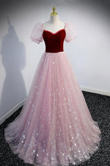 Pink Tulle Long Prom Dress, A-Line Formal Evening Dress