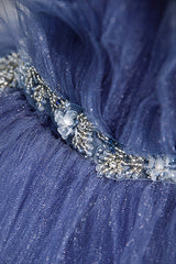 Blue Layers Tulle Long Prom Dresses, A-Line Spaghetti Straps Evening Dresses