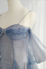 Blue Spaghetti Strap Tulle Long Prom Dress, A-Line Formal Dress