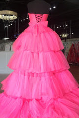 Elegant Strapless Layered Hot Pink Long Prom Dress with Slit