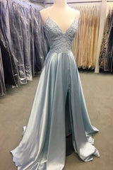 Light Blue Lace Lace-Up Back A-Line Prom Dress with Slit