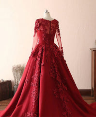 Burgundy Lace Satin Long Prom Dress, Burgundy Lace Evening Dress