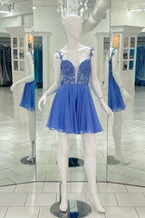 Blue Deep V Neck Straps A-line Appliques Chiffon Homecoming Dress