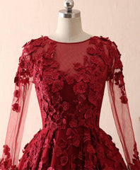 Burgundy Lace Satin Long Prom Dress, Burgundy Lace Evening Dress