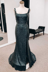 Black Sequin Square Neck Backless Mermaid Long Formal Dress with Slit