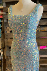 Light Blue Iridescent Sequin Square Neck Mermaid Long Formal Dress