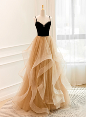 A-Line Champagne Tulle Sweetheart Beaded Long Prom Dress, Tulle Layers Party Dress