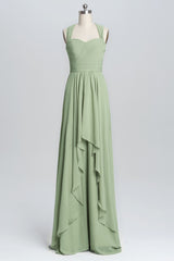 Halter Sage Pleated Ruffles Long Bridesmaid Dress