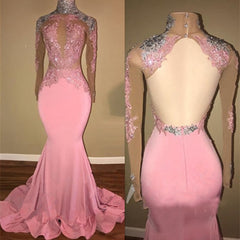 Mermaid Backless Long Sleeves Pink See Through African Long Prom Dresses