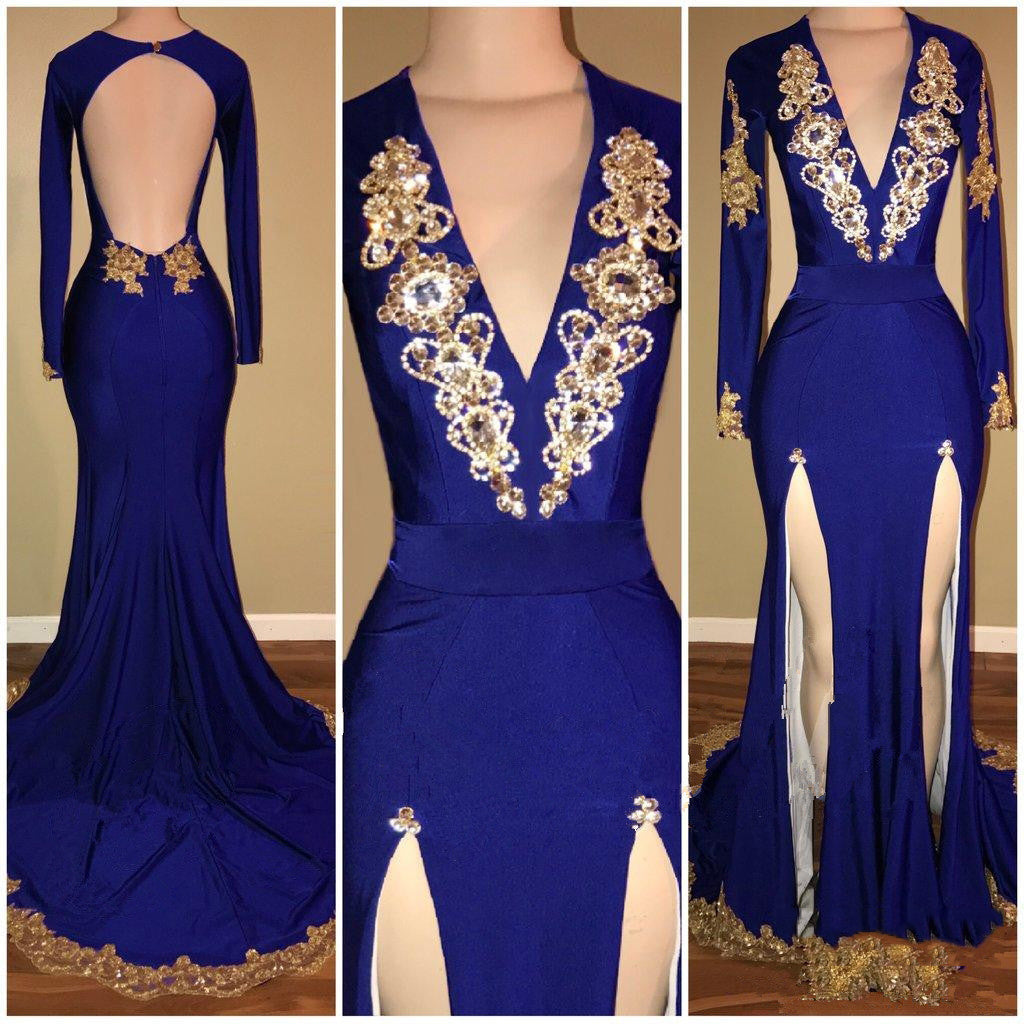 Amazing Royal Blue Sheath Slit Deep V Neck With Gold Beaded Backless Long Sleeves Long Prom Dresses