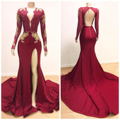 2024 Sheath Long Sleeves Burgundy and Gold Appliques Side Slit Deep V Neck African American Backless Prom Dresses