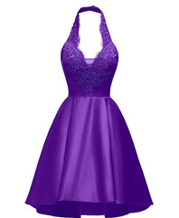 Halter Deep V Neck Satin Appliques Purple Backless Pleated A Line Homecoming Dresses