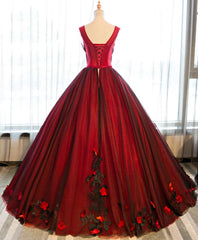 Burgundy Round Neck Tulle Lace Applique Long Prom Dress, Burgundy Evening Dress