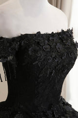 Black Tulle Lace Off the Shoulder Prom Dress, Black A-Line Evening Dress