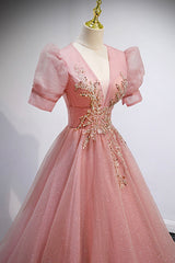 Pink V-Neck Tulle Long Prom Dresses, A-Line Short Sleeve Evening Dresses