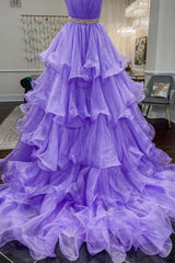 Purple Strapless Organza Long Prom Dress, Princess Quinceanera Dresses