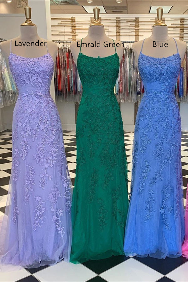 Mermaid Straps Long Lace Prom Dress with Lace-Up Back