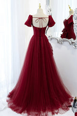 A-Line Satin Tulle Long Prom Dresses, Burgundy Evening Dresses