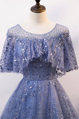 Blue Tulle Sequins Long Prom Dress, A-Line Blue Evening Dress