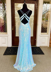 Fantasy Prom Dresses, Sheath/Column V Neck Spaghetti Straps Sweep Train Sequined Prom Dress With Split