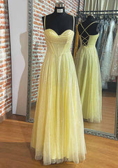 Yellow Prom Dresses, A-line Sweetheart Spaghetti Straps Long/Floor-Length Tulle Prom Dress With Pleated Glitter