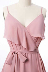 Mauve Pink Chiffon Spaghetti Straps Ruffled A-Line Bridesmaid Dress