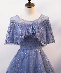 Unique Round Neck Tulle Lace Long Prom Dress, Blue Lace Evening Dress