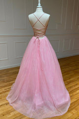 Pink V-Neck Tulle Long Prom Dresses, A-Line Backless Evening Dresses