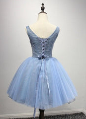 A-Line Crew Neck Blue Appliques Homecoming Dress 2024