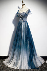 Blue Tulle Long Prom Dresses, A-Line Formal Evening Dresses