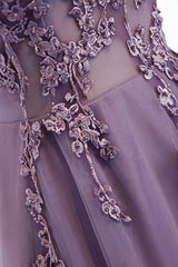 Purple V-Neck Lace Long Prom Dresses, A-Line Evening Party Dresses