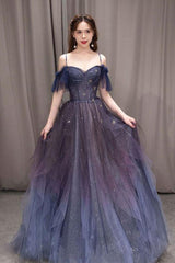 A-line Dark Purple Ombre Tulle Evening Party Dresses Long Prom Dresses