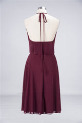 Burgundy Halter Backless Ruffled A-Line Short Dress