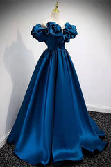 A-Line Dark Blue Off-the-Shoulder Stain Prom Gown