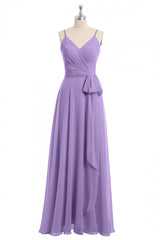 Lavender Spaghetti Straps Tie-Side Long Formal Dress